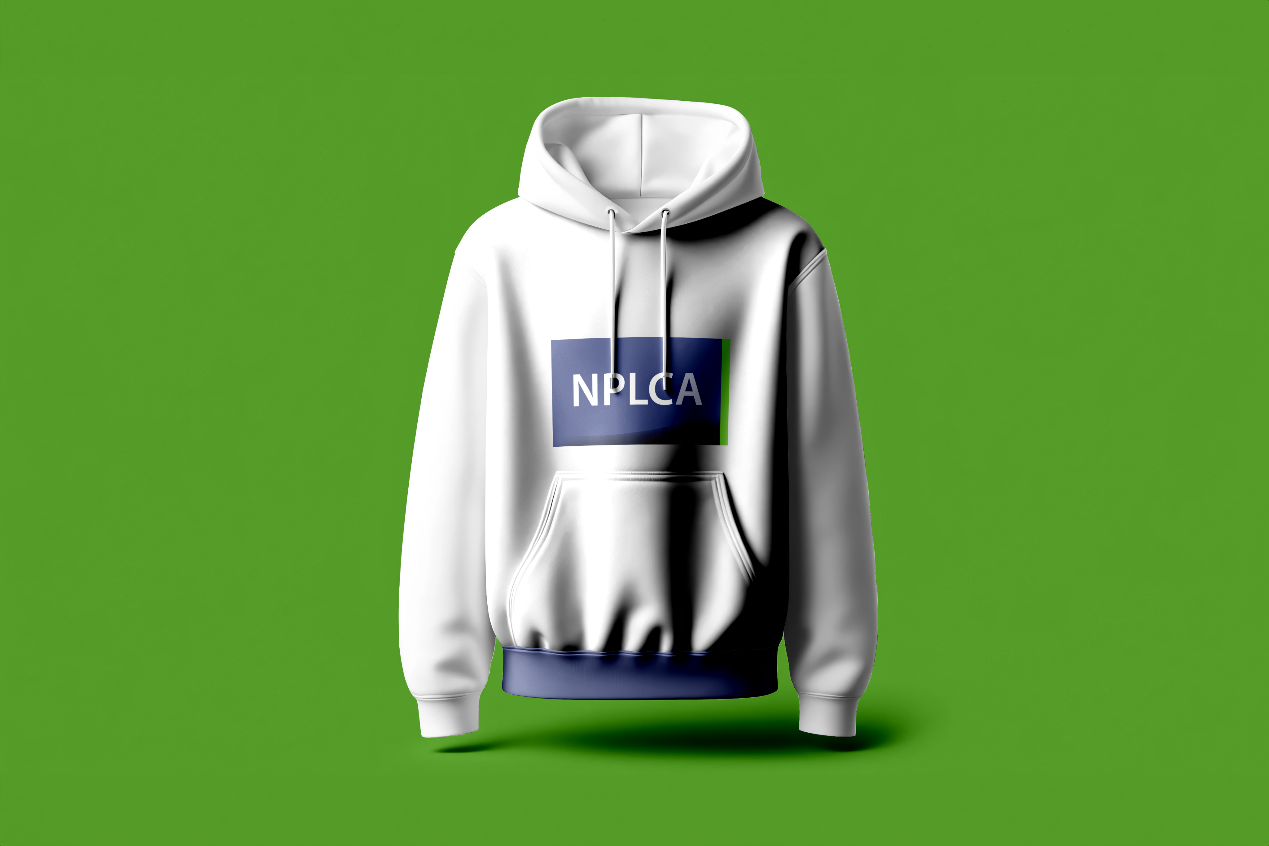 NPLCA branded hoodie mockup on sage green background