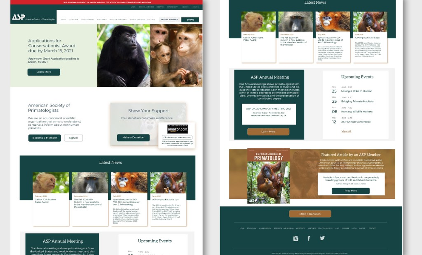 ASP website homepage, news, events, and footer
